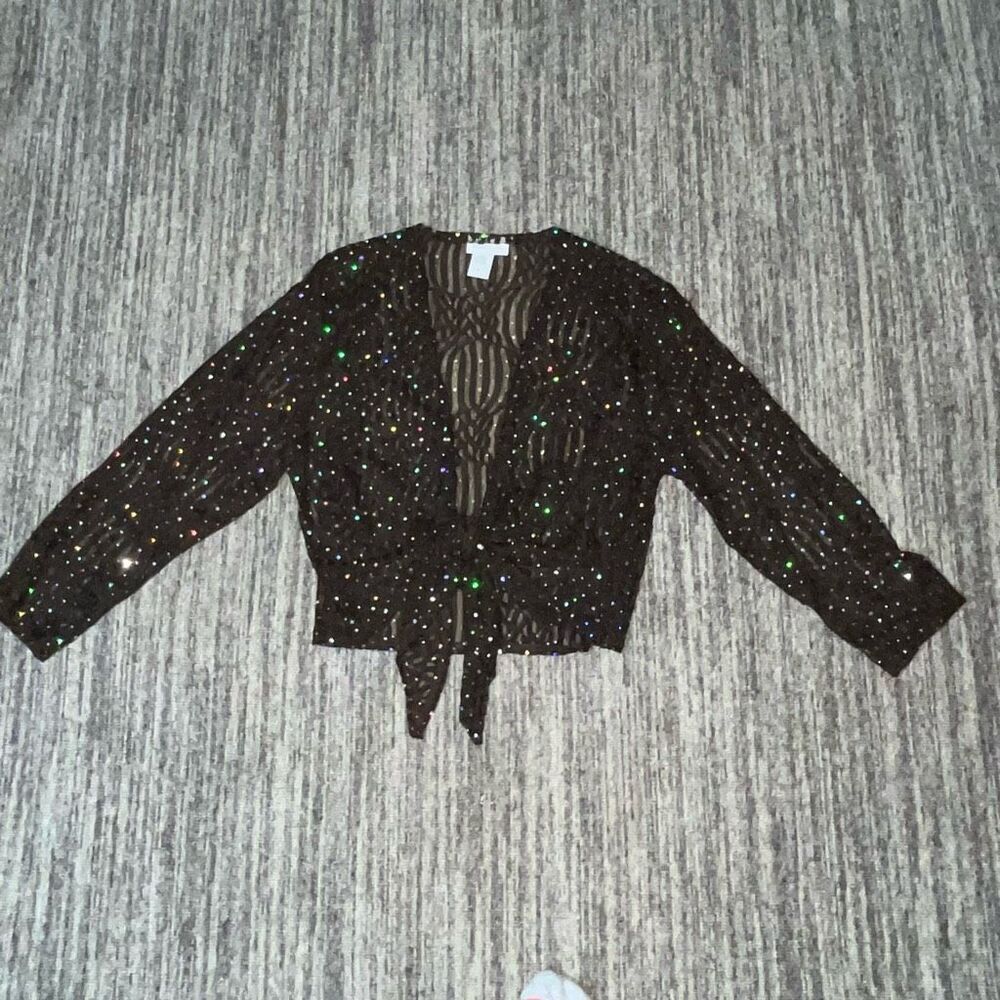 ReBeKah Womens Large Tie Front‎ Cardigan Chocolate Brown Semi-Sheer Sparkle NWOT